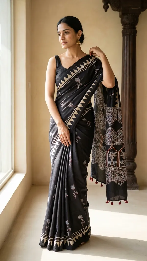 Ajrak_Modal_Silk_Saree_in_Jet_Black_Color_