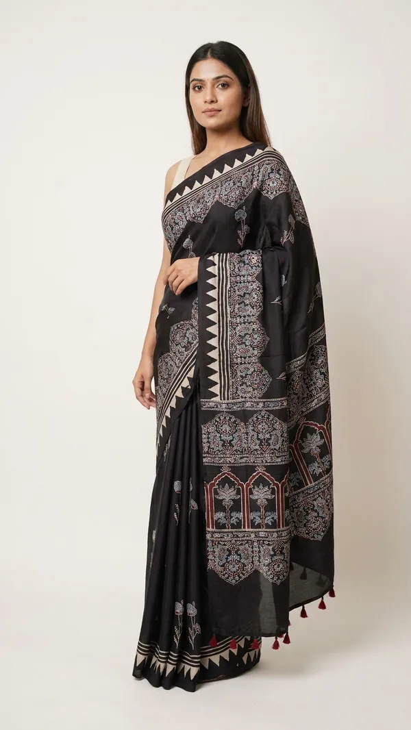 Ajrak_Modal_Silk_Saree_in_Jet_Black_Color_