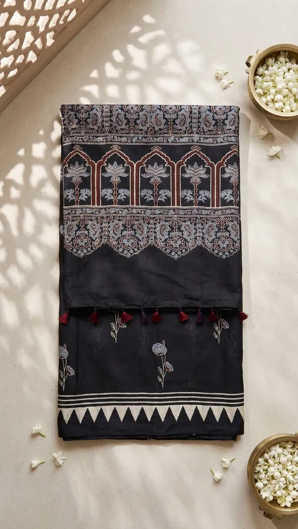 Ajrak_Modal_Silk_Saree_in_Jet_Black_Color_