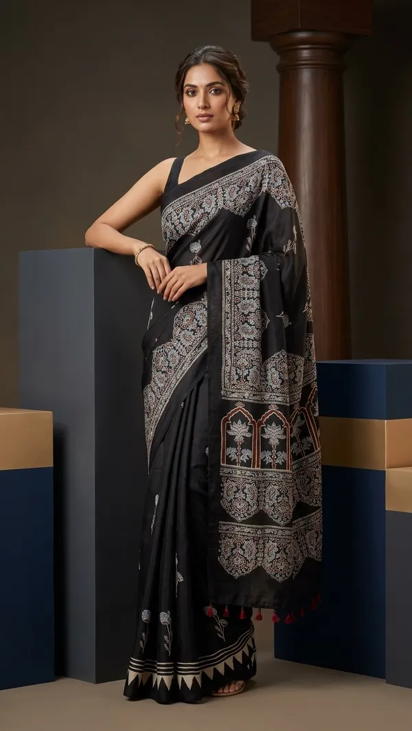 Ajrak_Modal_Silk_Saree_in_Jet_Black_Color_