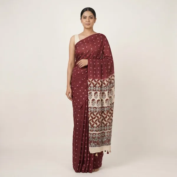 Ajrak_Modal_Silk_Saree_in_Mulberry_Wine_color_