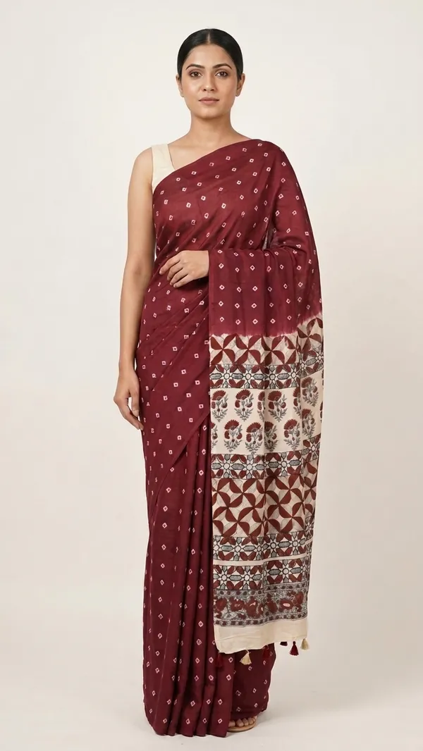 Ajrak_Modal_Silk_Saree_in_Mulberry_Wine_color_