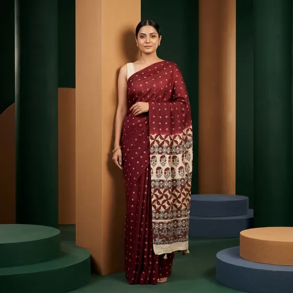 Ajrak_Modal_Silk_Saree_in_Mulberry_Wine_color_