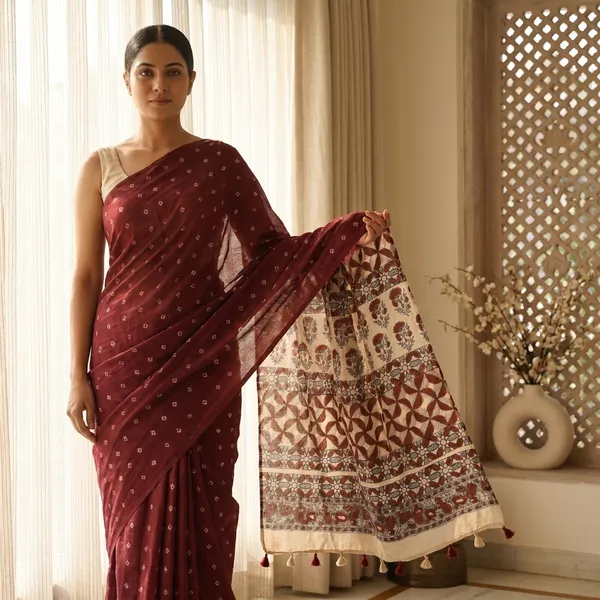 Ajrak_Modal_Silk_Saree_in_Mulberry_Wine_color_