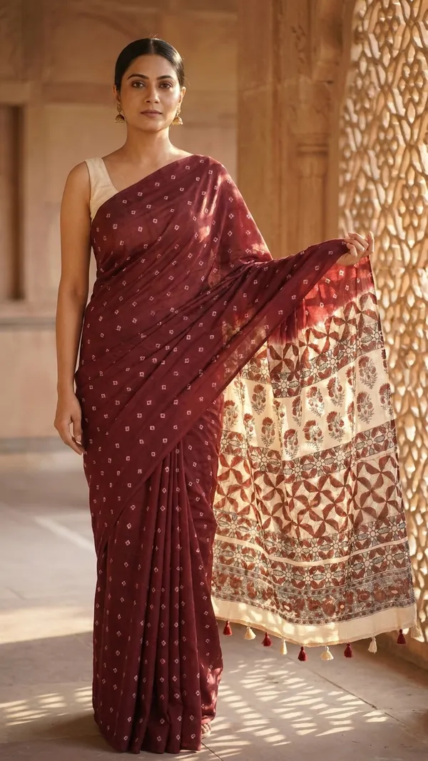 Ajrak_Modal_Silk_Saree_in_Mulberry_Wine_color_