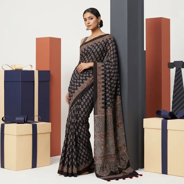 Ajrak_Modal_Silk_Saree_in_Regal_Ebony_color_