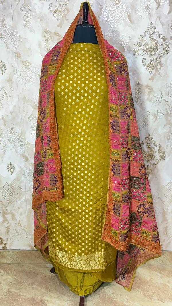 Golden_Olive_Banarasi_Dola_Silk,_Crepe_&_Chinon_Suit_Dress_Material_For_Women