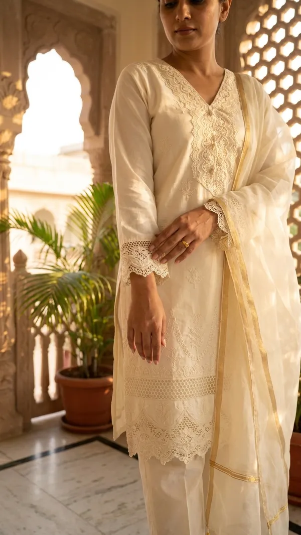 Cotton_embroidery_lace_work,_Paul_work_co-ord_set_with_lace_work_on_bottom_