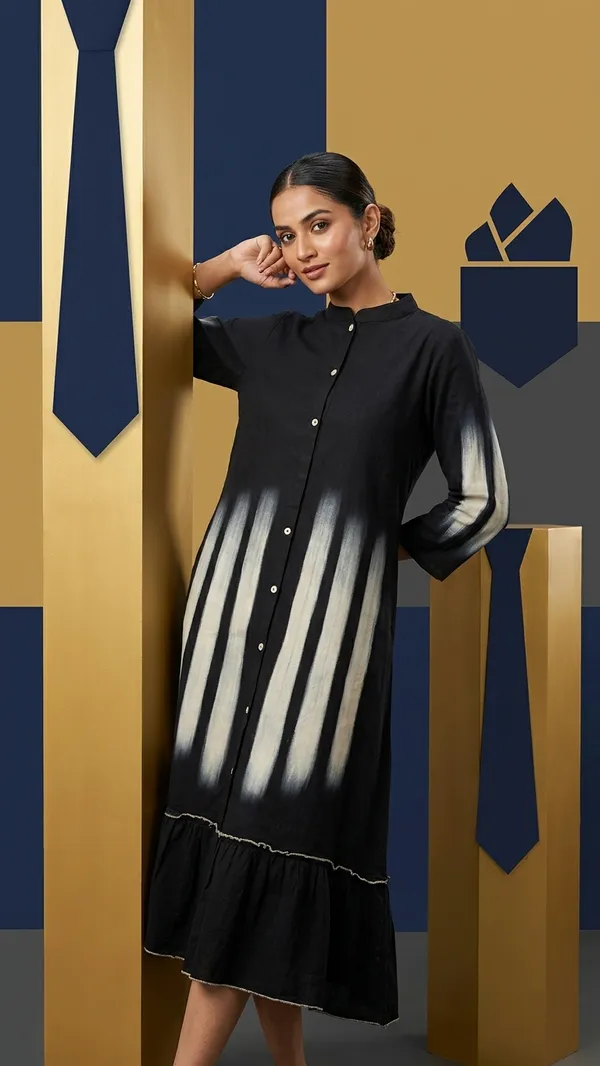 Cotton_linen_dress_with_beautiful_sleeves_&_embroidery_work_with_belt_