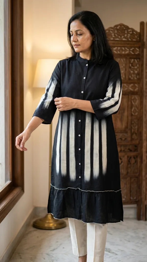Cotton_linen_dress_with_beautiful_sleeves_&_embroidery_work_with_belt_