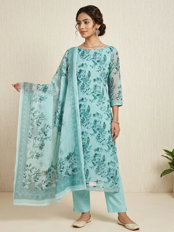 Light_Firozi_Jacquard_Cotton_&_Chiffon_Suit_Dress_Material_For_Women