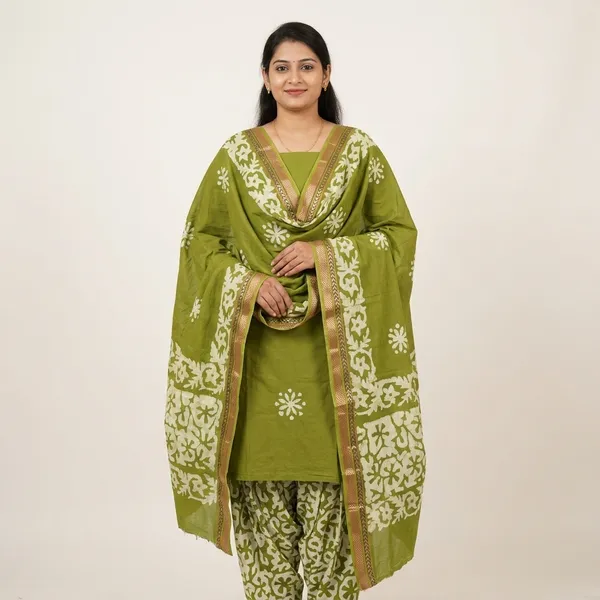 Lime_Green_Cotton_/_Base_Not_Specified_Batik_Print_Suit_Dress_Material_For_Women