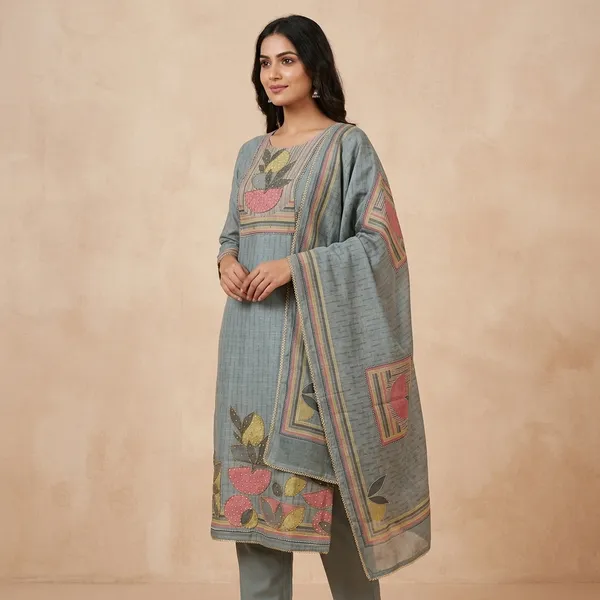 Firozi_Green_Jacquard_Cotton_&_Chiffon_Suit_Dress_Material_For_Women