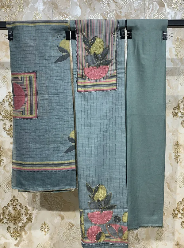 Firozi_Green_Jacquard_Cotton_&_Chiffon_Suit_Dress_Material_For_Women