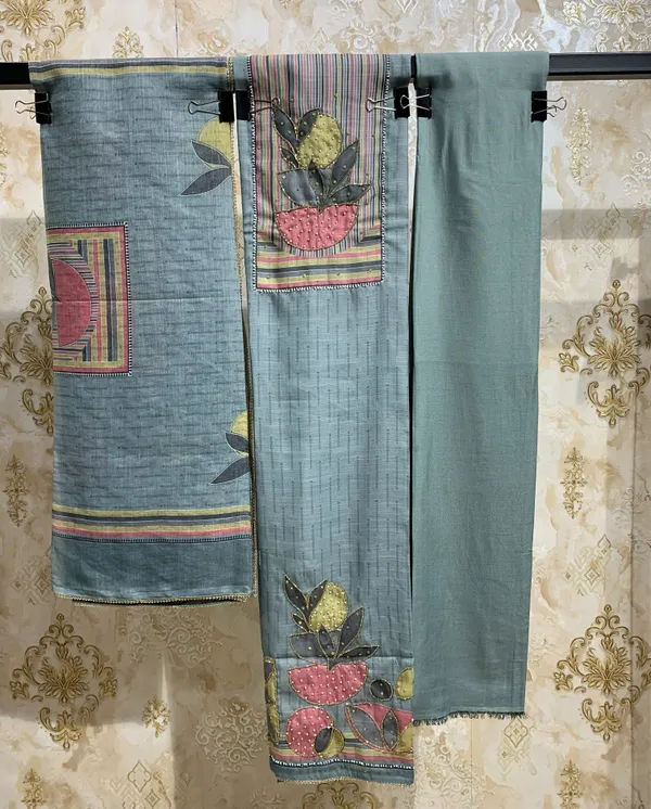Firozi_Green_Jacquard_Cotton_&_Chiffon_Suit_Dress_Material_For_Women