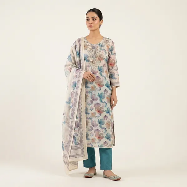 Cream_&_Firozi_Linen_&_Rayon_Bottom_Suit_Dress_Material_For_Women