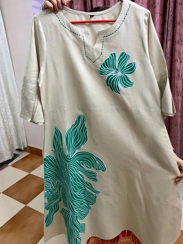 Linen_Cotton_dress_with_beautiful_sleeves_&_hand_paint_work_with_Belt_