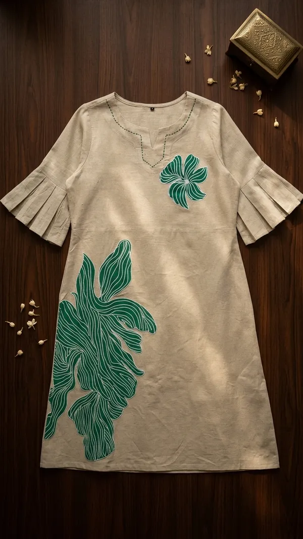 Linen_Cotton_dress_with_beautiful_sleeves_&_hand_paint_work_with_Belt_
