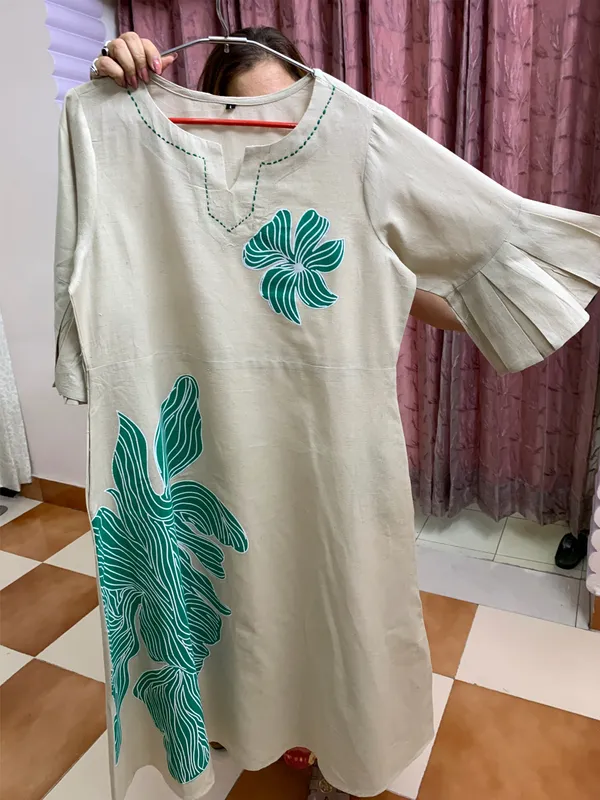 Linen_Cotton_dress_with_beautiful_sleeves_&_hand_paint_work_with_Belt_