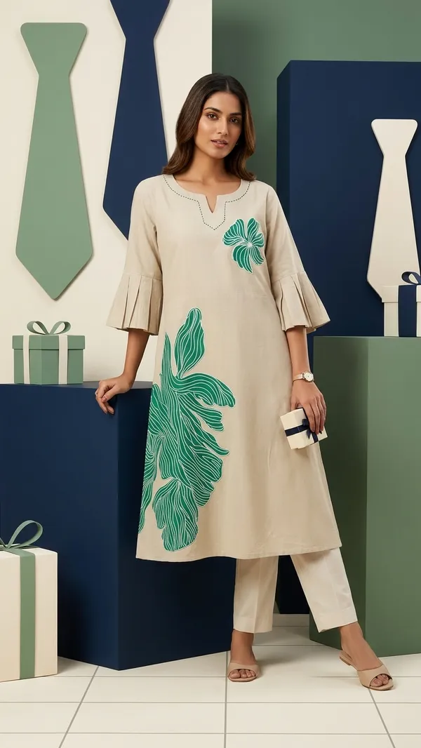 Linen_Cotton_dress_with_beautiful_sleeves_&_hand_paint_work_with_Belt_