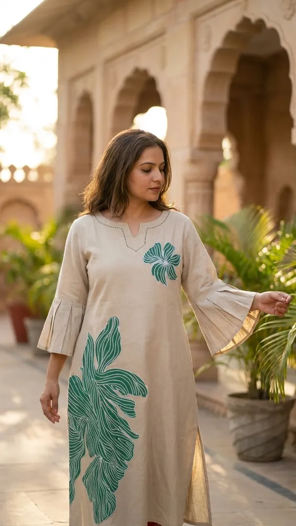 Linen_Cotton_dress_with_beautiful_sleeves_&_hand_paint_work_with_Belt_