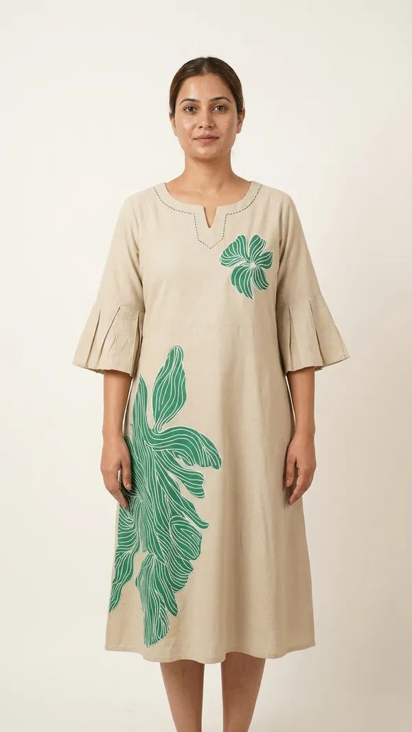 Linen_Cotton_dress_with_beautiful_sleeves_&_hand_paint_work_with_Belt_