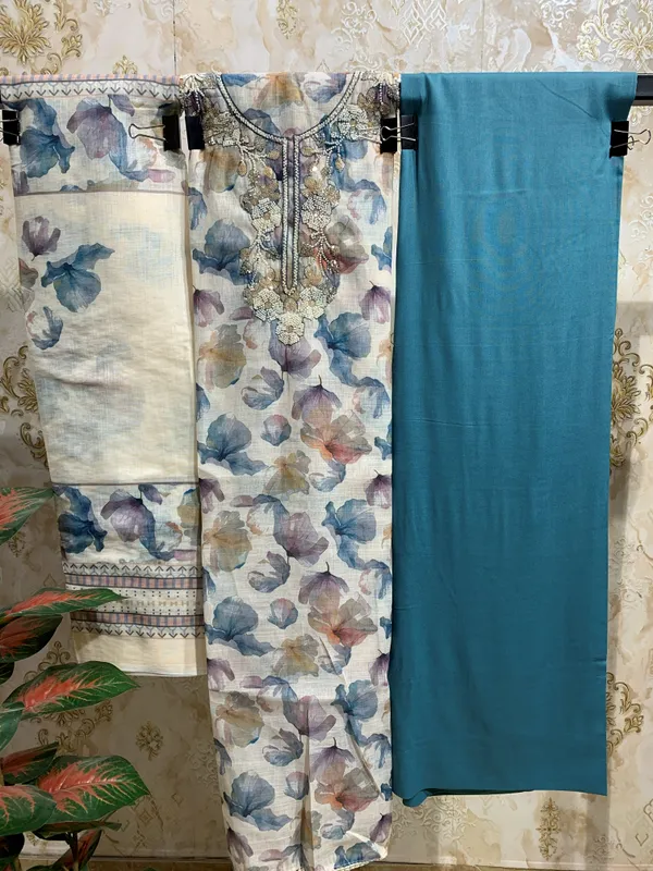 Cream_&_Firozi_Linen_&_Rayon_Bottom_Suit_Dress_Material_For_Women