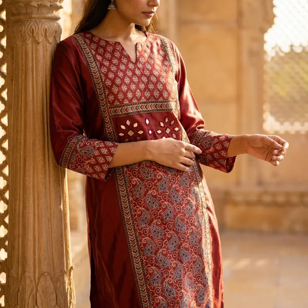 Mashroo_Silk_kurti_with_elegant_&_charming_work_done_on_neck_&_sleeves
