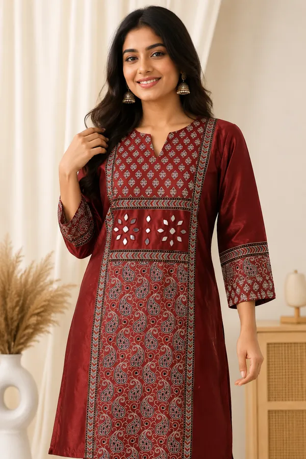 Mashroo_Silk_kurti_with_elegant_&_charming_work_done_on_neck_&_sleeves