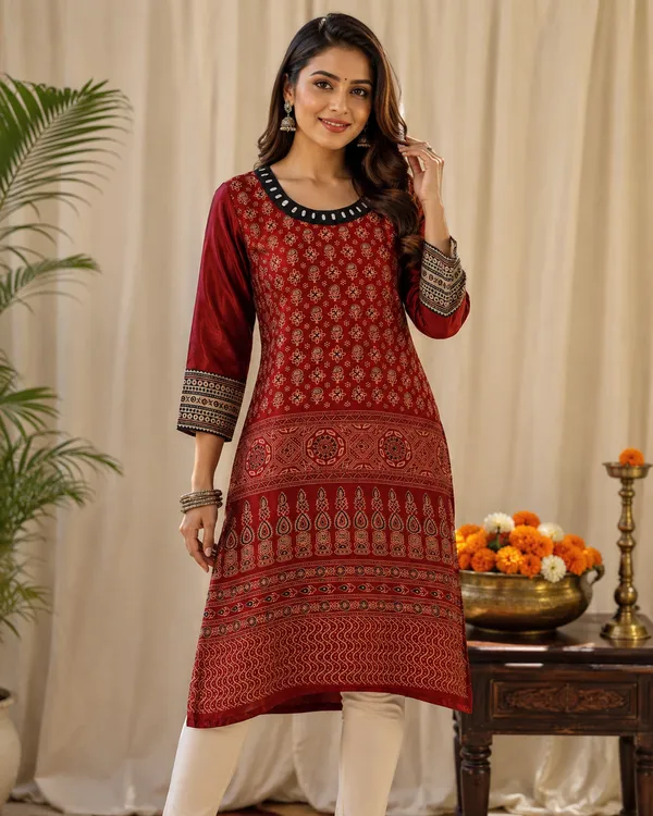 Mashroo_Silk_kurti_with_elegant_&_charming_work_done_on_neck_&_sleeves_&_bottom