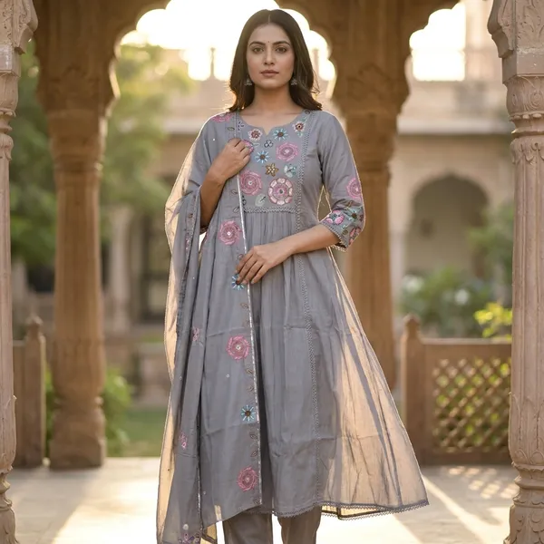 Pure_cotton_3_piece_Anarkali_style_with_embroidery_on_neck_&_sleeves