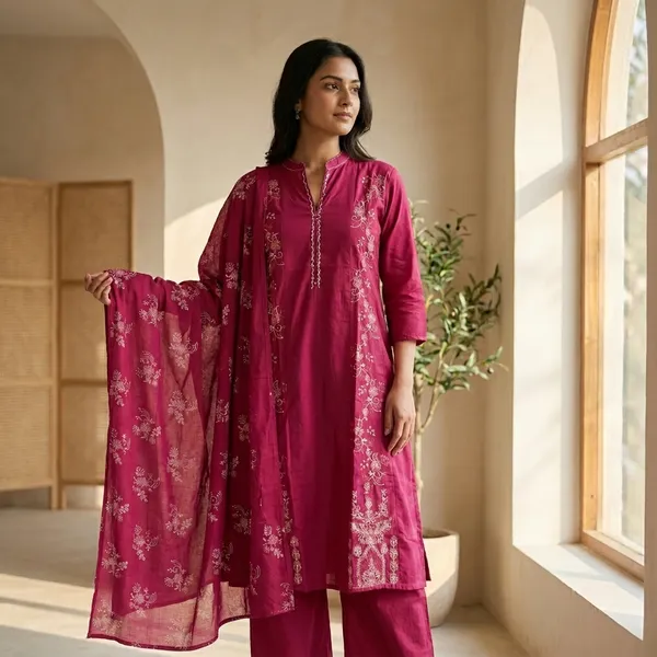 Pure_cotton_3_piece_set_with_anarkali_style_kurti,_heavy_embroidery_on_top_&_dupatta