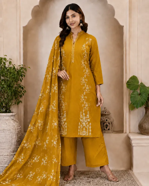 Pure_cotton_3_piece_set_with_anarkali_style_kurti,_heavy_embroidery_on_top_&_dupatta