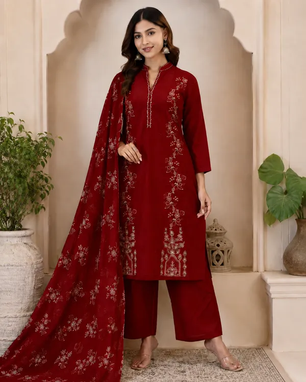 Pure_cotton_3_piece_set_with_anarkali_style_kurti,_heavy_embroidery_on_top_&_dupatta