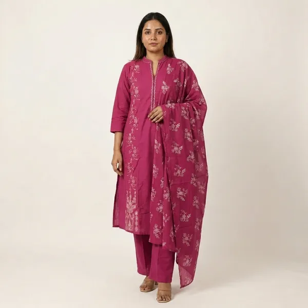 Pure_cotton_3_piece_set_with_anarkali_style_kurti,_heavy_embroidery_on_top_&_dupatta