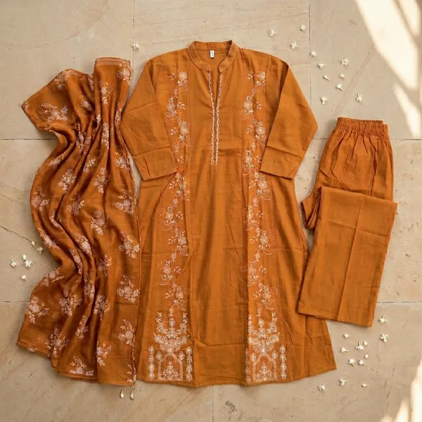 Pure_cotton_3_piece_set_with_anarkali_style_kurti,_heavy_embroidery_on_top_&_dupatta
