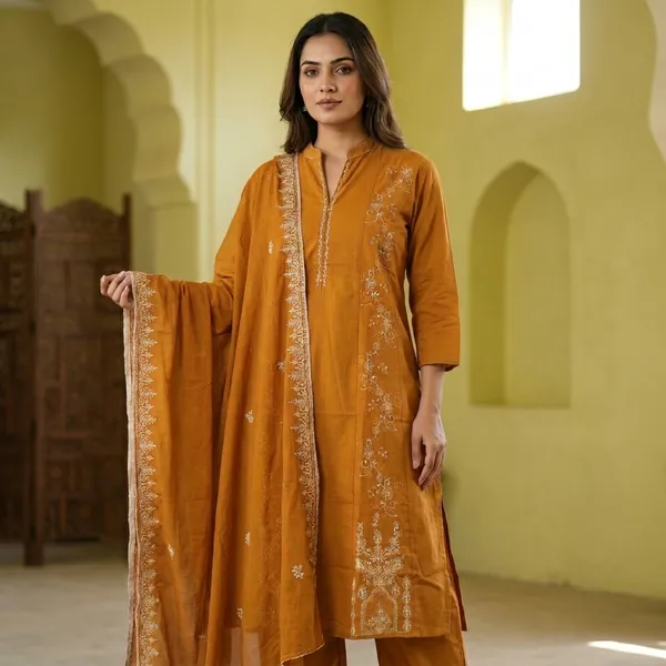 Pure_cotton_3_piece_set_with_anarkali_style_kurti,_heavy_embroidery_on_top_&_dupatta