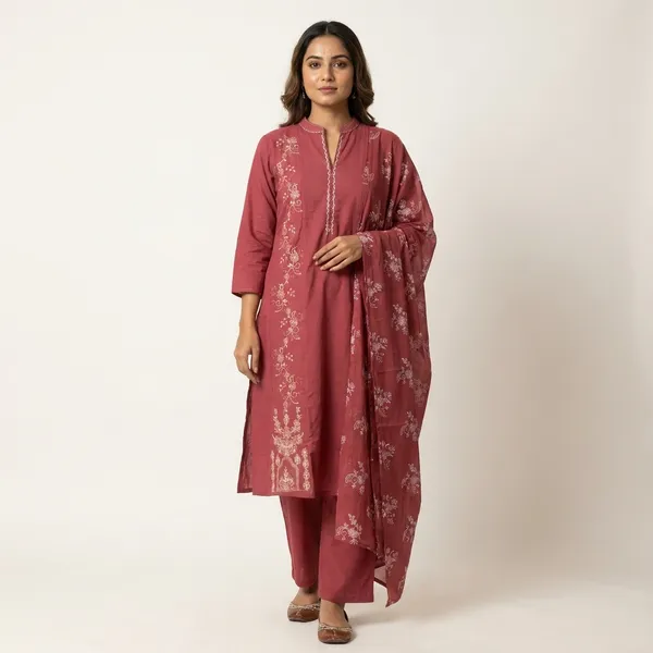 Pure_cotton_3_piece_set_with_anarkali_style_kurti,_heavy_embroidery_on_top_&_dupatta_