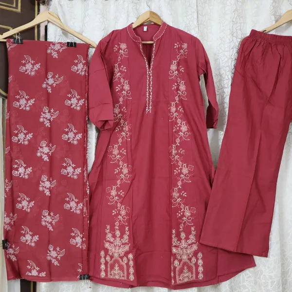 Pure_cotton_3_piece_set_with_anarkali_style_kurti,_heavy_embroidery_on_top_&_dupatta_