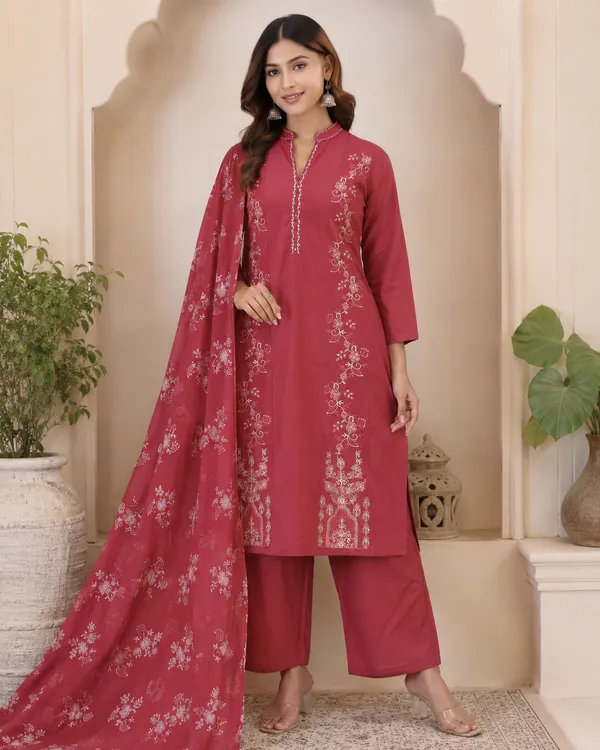 Pure_cotton_3_piece_set_with_anarkali_style_kurti,_heavy_embroidery_on_top_&_dupatta_