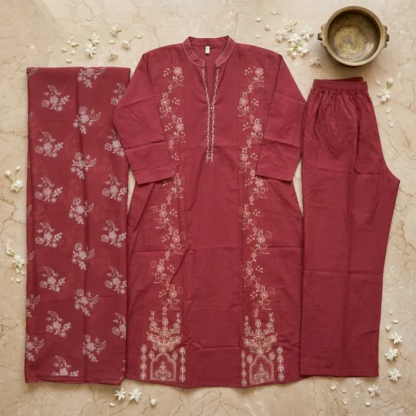 Pure_cotton_3_piece_set_with_anarkali_style_kurti,_heavy_embroidery_on_top_&_dupatta_