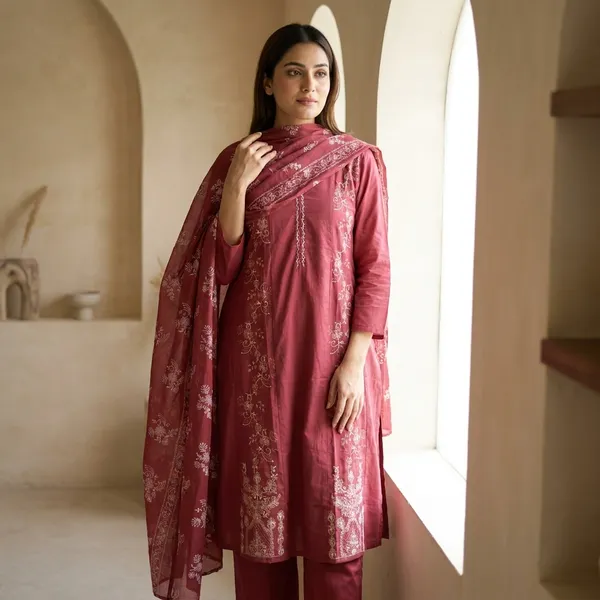 Pure_cotton_3_piece_set_with_anarkali_style_kurti,_heavy_embroidery_on_top_&_dupatta_