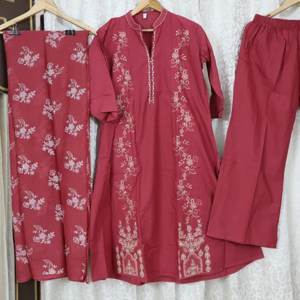 Pure_cotton_3_piece_set_with_anarkali_style_kurti,_heavy_embroidery_on_top_&_dupatta_