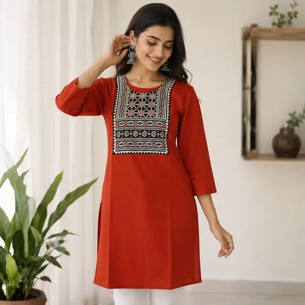 Pure_cotton_kurti_with_unique_embroidery_on_neck_with_mirror_work