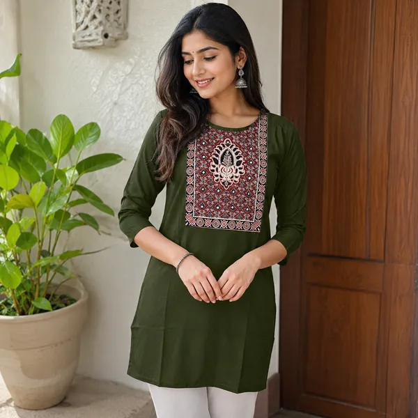 Pure_cotton_kurti_with_unique_embroidery_on_neck_with_mirror_work
