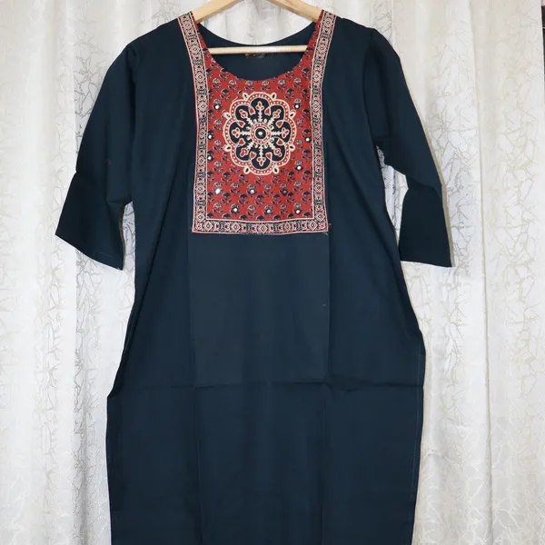 Pure_cotton_kurti_with_unique_embroidery_on_neck_with_mirror_work