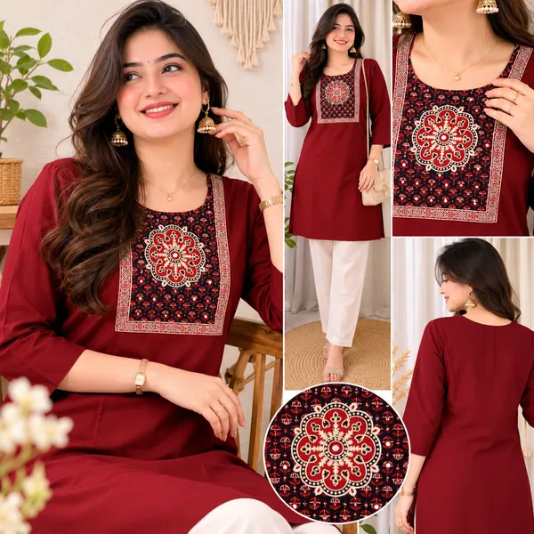 Pure_cotton_kurti_with_unique_embroidery_on_neck_with_mirror_work