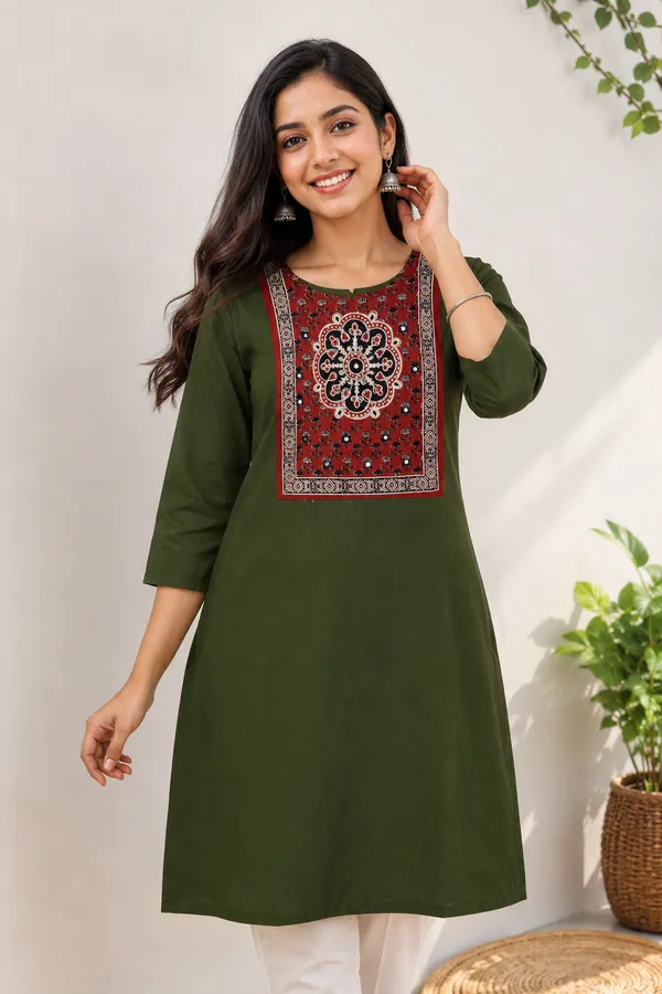 Pure_cotton_kurti_with_unique_embroidery_on_neck_with_mirror_work