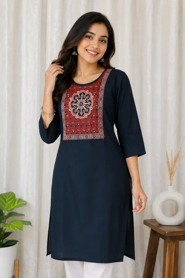 Pure_cotton_kurti_with_unique_embroidery_on_neck_with_mirror_work