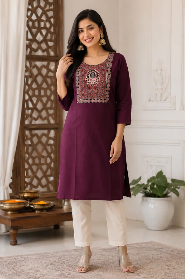 Pure_cotton_kurti_with_unique_embroidery_on_neck_with_mirror_work